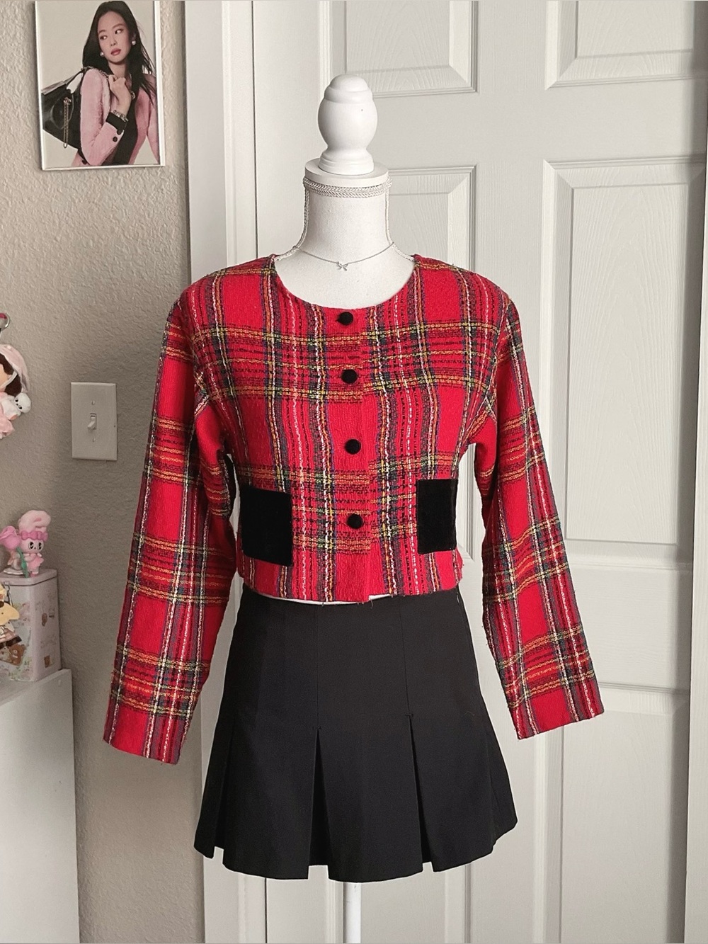 Red Plaid Cropped Jacket with Black Pocket Accents
